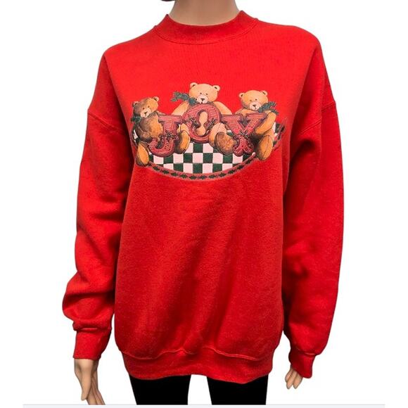 Vintage 90s Miller Sweatshirt XL Joy Teddy Bear Christmas USA Made Mockneck Red - Picture 1 of 11